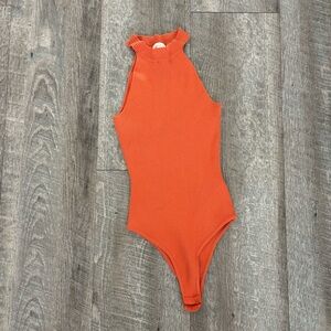 Orange Halter Neckline One Piece Ribbed Top